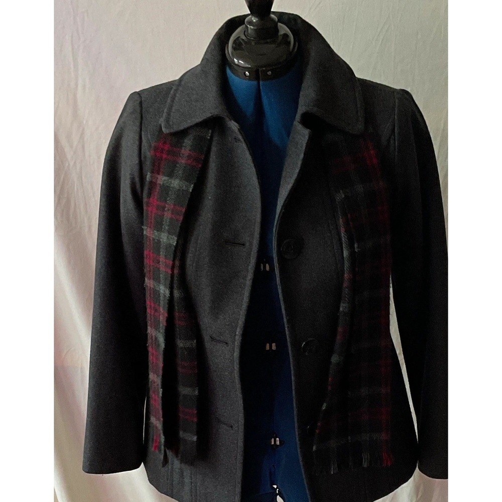 London Fog Womens Petite PS Short Pea Coat Black Plaid Wool Blend Lined Scarf